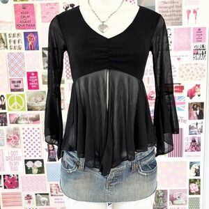 black sheer mesh bell sleeve ruched top
